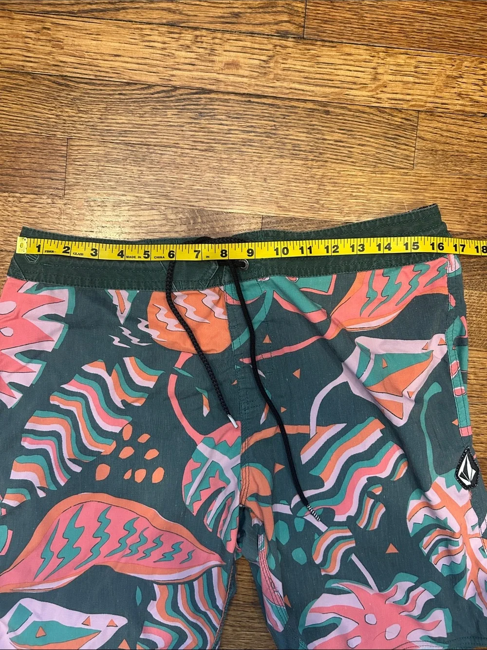 Volcom Dark Green Swim Shorts with Coral & Mint Tropical Print - Size 32